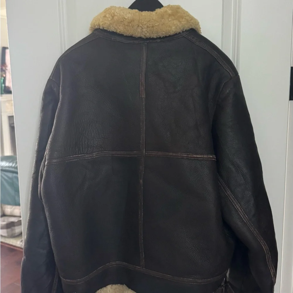 Men's Shearling Leather Bomber Jacket - Brown - Picture 7 of 8